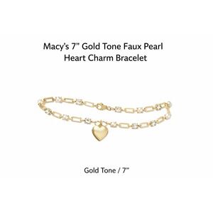 Macy's 7" Gold Tone Faux Pearl Heart Charm Bracelet Crystal‎ Paperclip Link